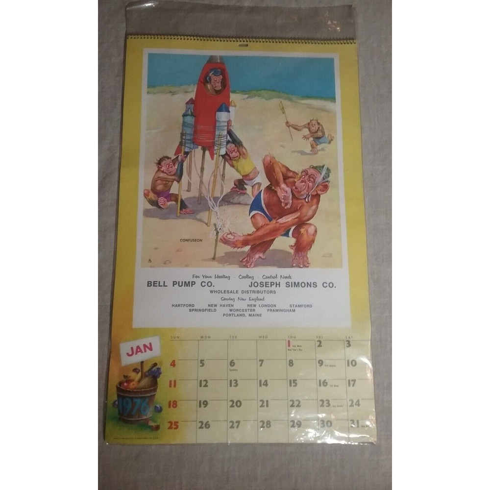 1976 Advertising Calendar Brown & Bigelow Anthropomorphic Monkeys Retro Art NIP
